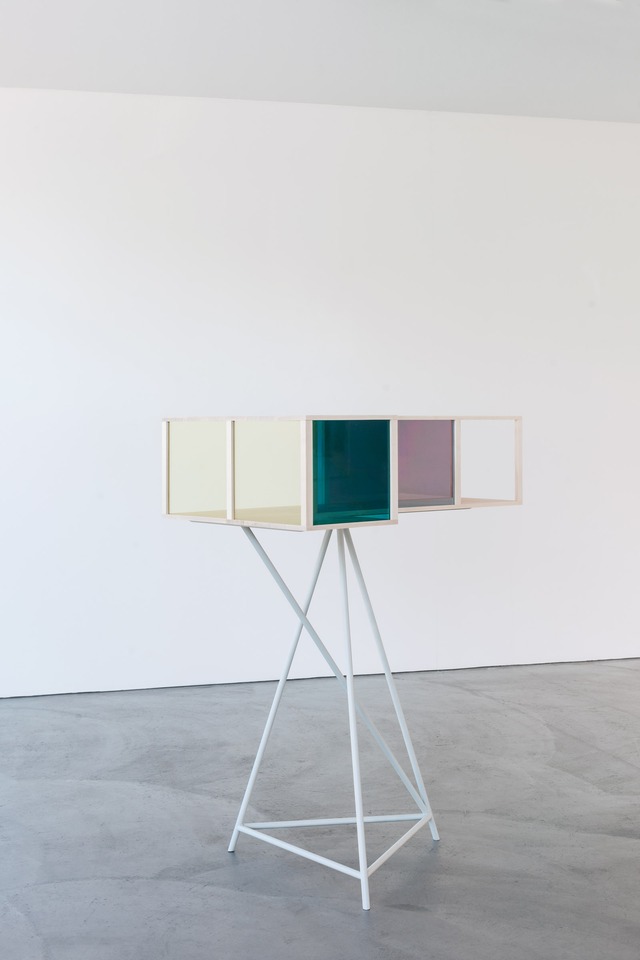 Topique Nr. 2, 2013
Maple, glass, color filters, painted metal
143 x 125 x 69 cm