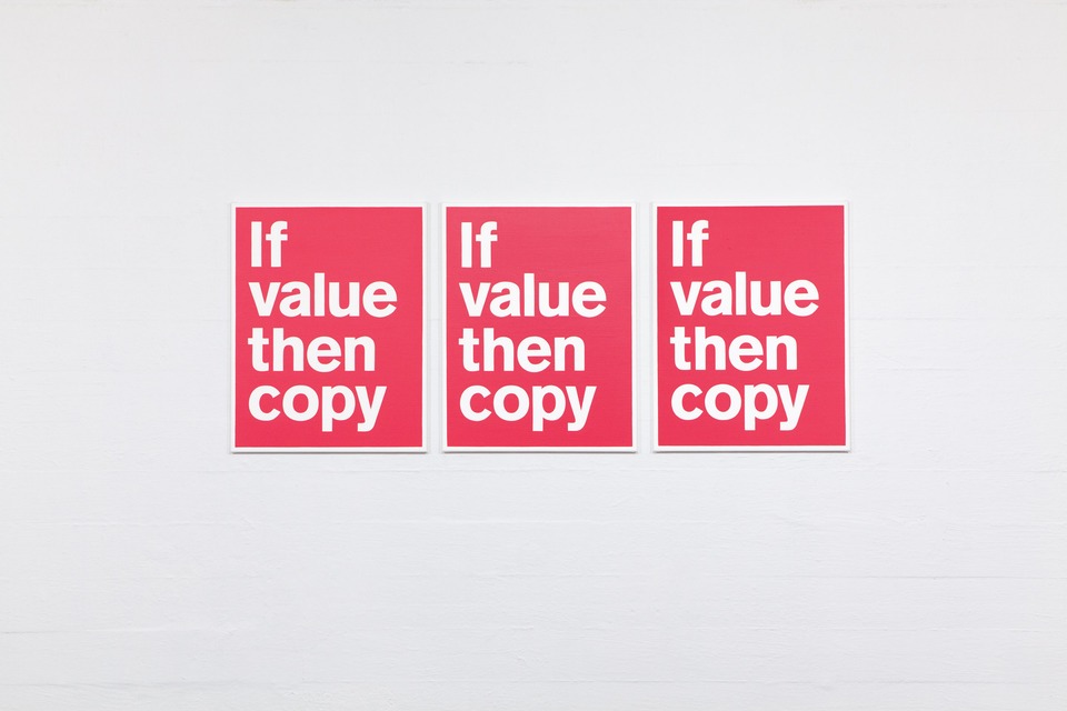 If Value Then Copy, 2020
Oil on canvas\
Format: Pantone 192 U
70 x 55 cm each, total width: 185 cm