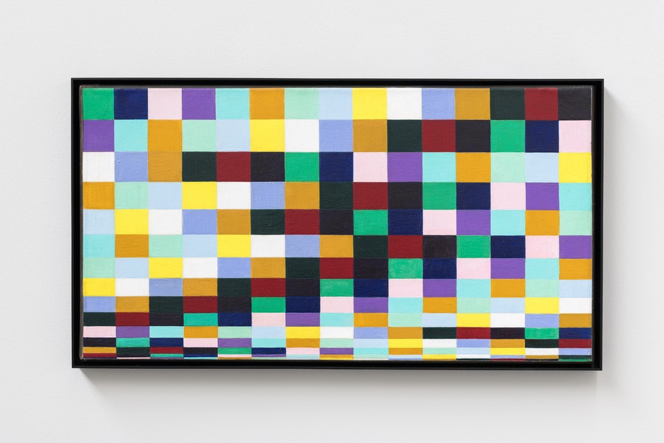 Richard Paul Lohse\
15 systematische Farbrähen in 15 sich wiederholenden Tönen, 1950-1956\
Oil on canvas\
45 x 90 cm
