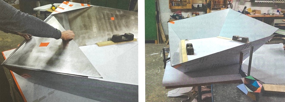 Right: Test installation of the upper segment of the sculpture
Left: Paper model and Test installation of the upper segment of the sculpture