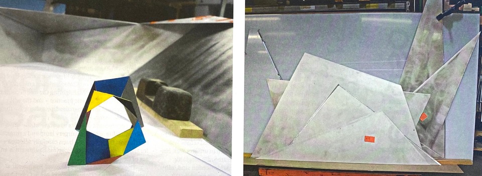 Right: Paper model of the outdoor sculpture Pentagramm, Scale 1:14
Left: Various cuttings of sanded aluminium sheets, 4 mm thick