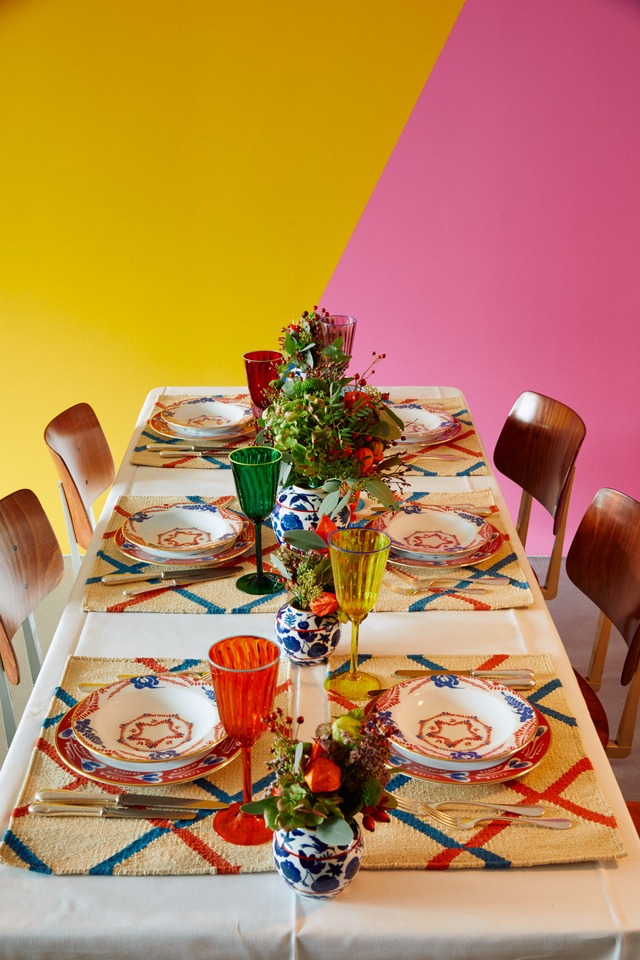 Tablemats especially made for La DoubleJ and wall painting both by Karim Noureldin in action