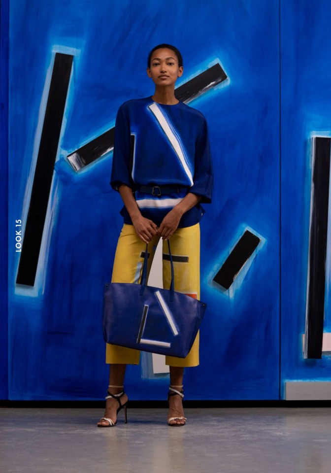 Blue Angel print silk crêpe oversized blouse, Yellow E.T. print double-face cotton silk pant, Ai medium shoulder bag in Blue Angel partial 3D print softcalf, Ocean belt in softcalf with trapezoid buckle