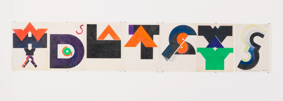 Barbara Stauffacher Solomon\
Why dogs laugh at questionable ways, 2012\
Graphite, ink, and colored pencil on paper\
Seven parts\
27.9 x 21.6 cm (8.5 x 11“) each