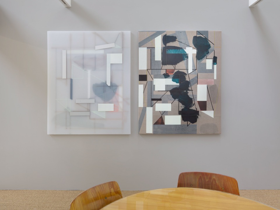 **Andrew Bick**
*OGV-SDE [Ghosts, Echoes, 1930-2020]*, 2016-2020
Right panel: Acrylic and wax medium on CNC machined Plexiglass\
Left panel: Acrylic, charcoal, pencil, oil paint, wax medium and watercolour on sewn linen
Each panel, 135 x 110 x 4cm, overall dimensions 135 x 233 x 4 cm