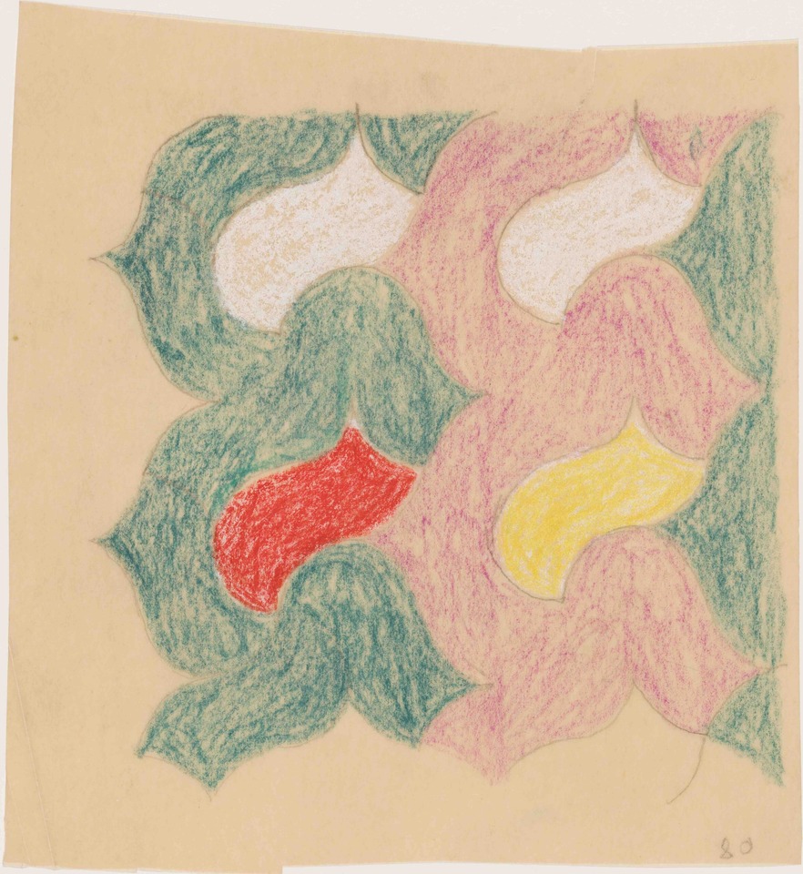 *Printed Fabric for the Zurich Fashion Week (Sketch)*, 1943
Pencil and Coloured pencil on tracing paper
15 x 13.5 cm