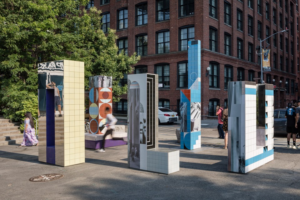 All New York images: Claudia Wieser, Rehearsal, 2021
Ceramic, digital prints, stainless steel
Presented by Public Art Fund at Brooklyn Bridge Park, July 29, 2021 - April 17, 2022
Courtesy Claudia Wieser; Marianne Boesky Gallery New York and Aspen; and Jessica Silverman, San Francisco 
Photo: Nicholas Knight, Courtesy of Public Art Fund, NY