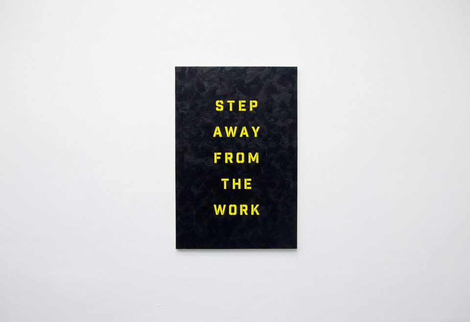 **John Wood & Paul Harrison**
*Step away from the work*, 2020
Oil on Board
91 x 61 cm