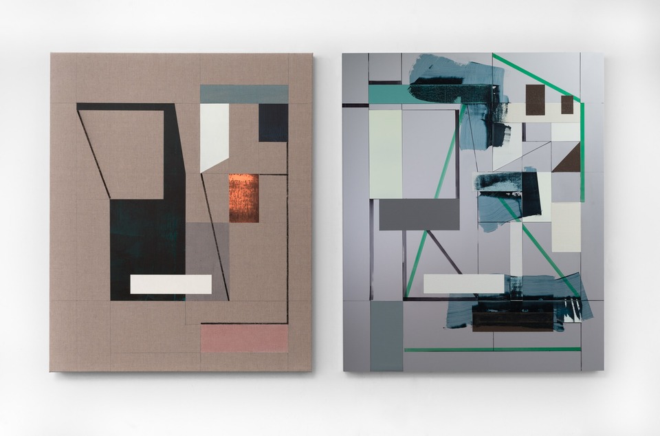 **Andrew Bick**
*OGV-SDE [Ghosts, Echoes, 1930-2020] v 3*, 2020-2021
Left panel: Acrylic, charcoal, pencil, oil paint, wax medium and watercolour on linen on wood\
Right panel: Acrylic, marker pen, oil paint and wax medium on anodised Aluminium
Each panel, 135 x 110 x 4 cm\
Overall dimensions, 135 x 233 x 4 cm