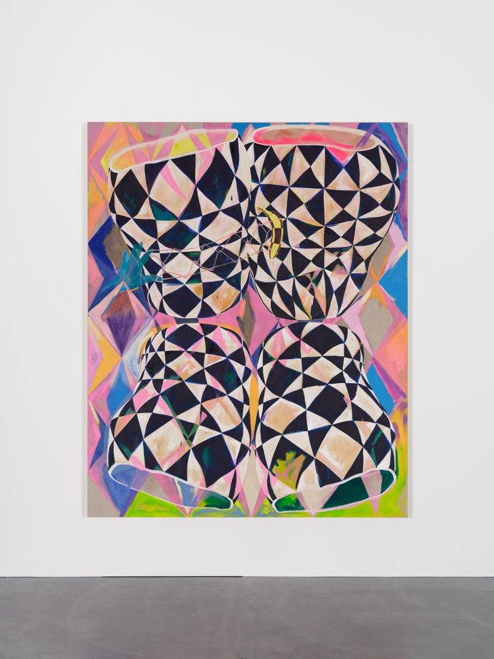 **Athene Galiciadis**
*Stillleben (Vier Gefässe, Eine Banane und die Mutter der Inspiration)*, 2021
Oil and acrylic on canvas
210 x 170 cm