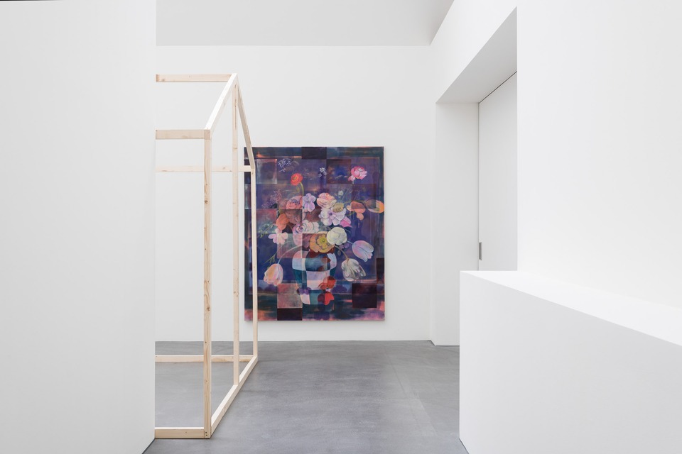 Exhibition view with:\
*Stillleben (Spring)*, 2021\
Oil and acrylic on canvas\
210 x 170 cm