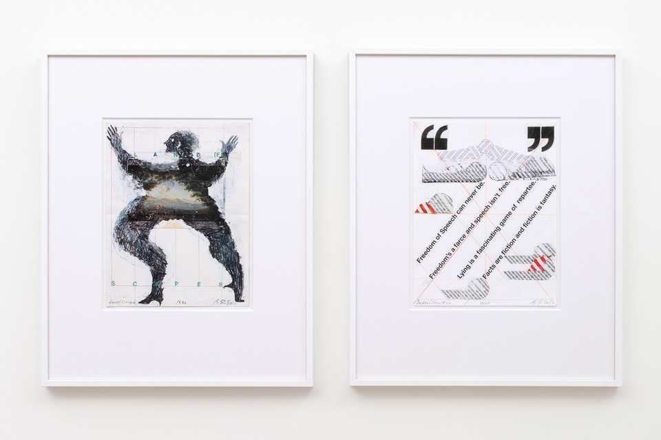 Barbara Stauffacher Solomon
(left) Land(e)scapes (with Karl Friedrich Schinkel), 2012
Mixed media: Pigment print, graphite, goauche, colored pencil, rubber cement
27.9 x 21.6 cm

(right) Supercloud (study 5), 2018
Mixed media: Pigment print collage, gouache, ink, graphite, colored pencil, white-out, cellophane tape, rubber cement, paper
27.9 x 21.6 cm