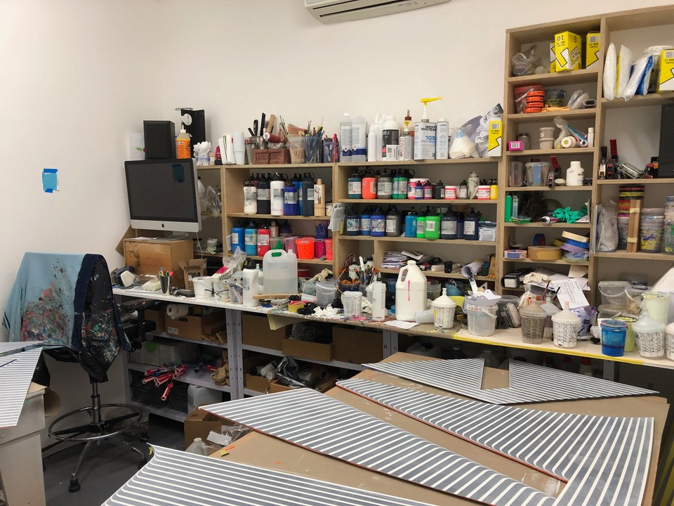 Terry Haggerty's studio on the Mediterranean coast, preparing the exhibition 'Into the Wind'