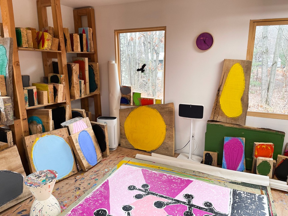 The massive wooden block in use for the painting process