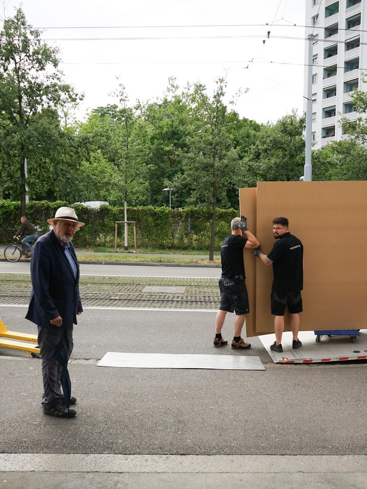 Loading the truck for Art Basel with an audience