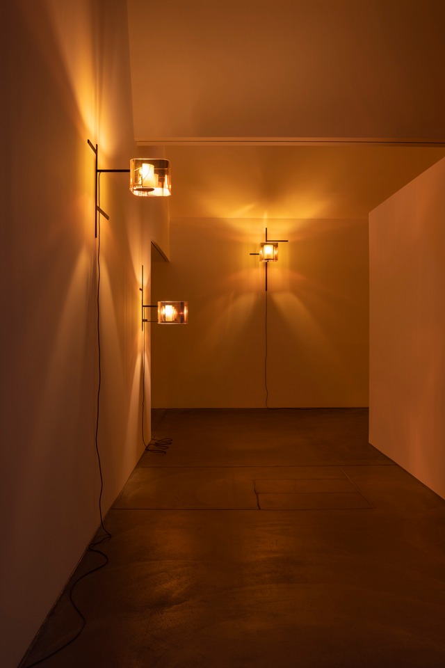 *Sunset placebo*, 2022
Metal (powder coated), aluminum, plexiglass, solar protection film, LED 3.8W, cotton cable
Dimensions variable