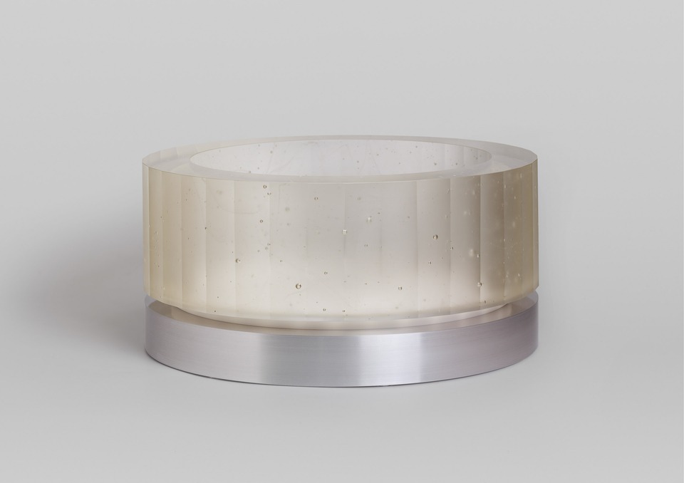 **Anna Dickinson**
*Faceted Construction (with Aluminium)*, 2022
Cast glass, aluminium, corian and steel
18 x 36.5 x 36.5 cm