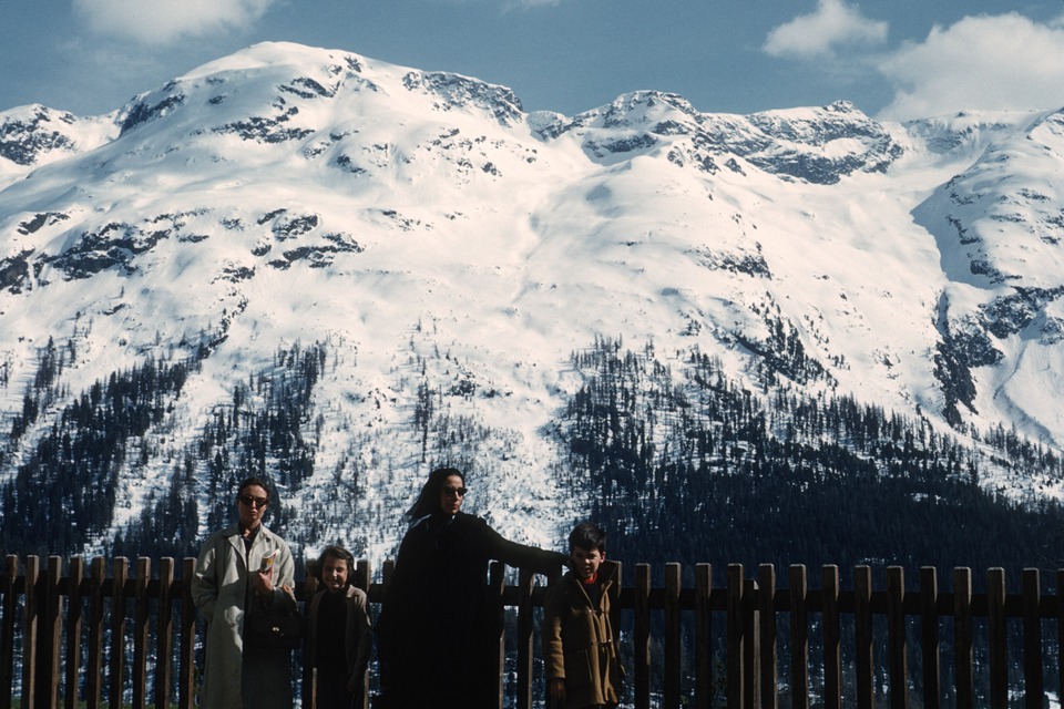 Barbara Stauffacher Solomon, her daughter Chloe, artist Luchita Hurtado and son Matt Mullican, March 1960, St. Moritz