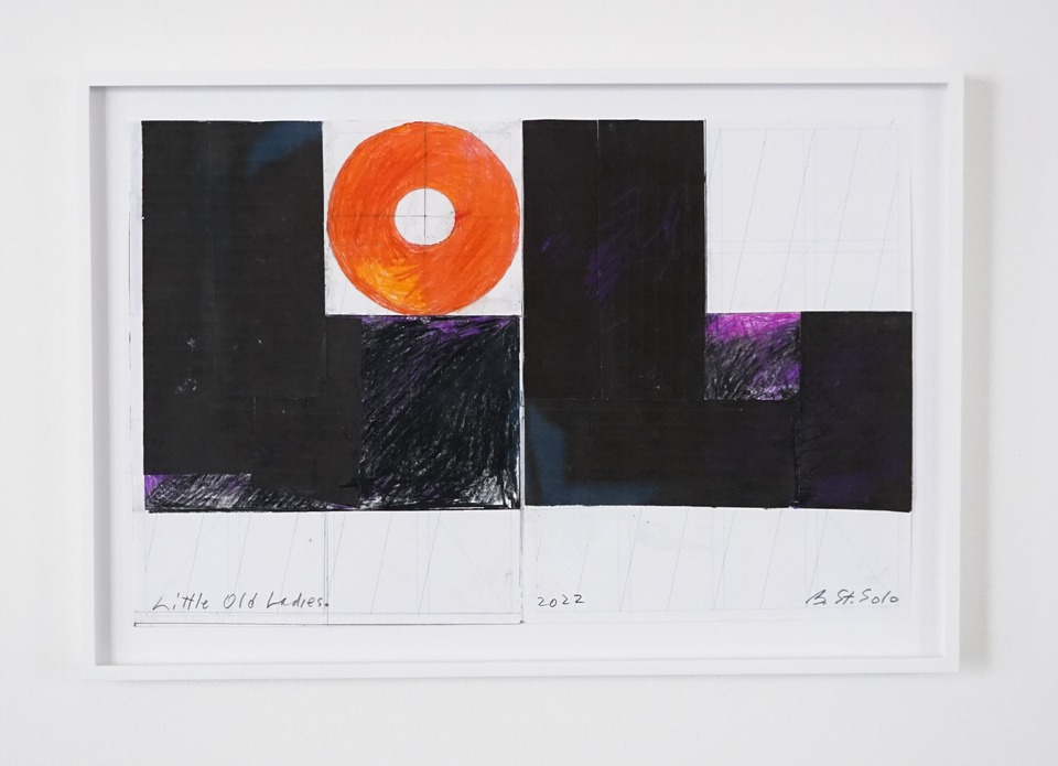 **Barbara Stauffacher Solomon**
*Little old ladies*, 2022
Pigmented print, collage, graphite, colored pencil and white out on paper
27.9 x 44 cm