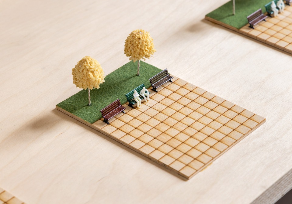 John Wood & Paul Harrison\
(Detail) A film about a city, 2015\
Plywood and mixed media\
10 x 1000 x 2000 mm\
/ Dimensions variable