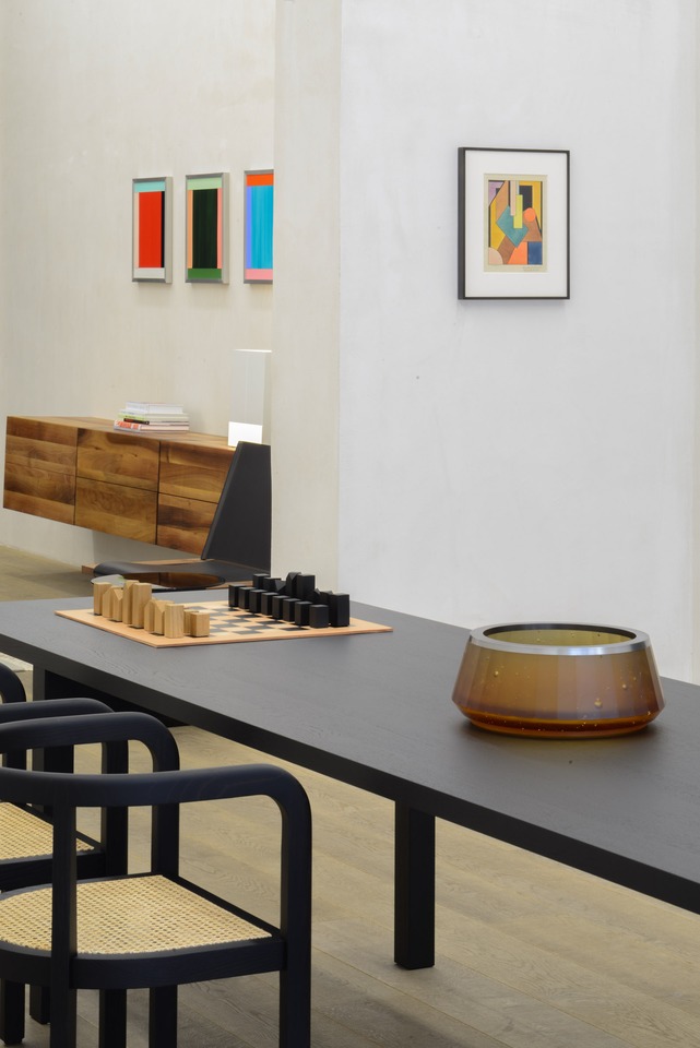 Installation view with works by Anna Dickinson, Lajos Kassák and Imi Knoebel