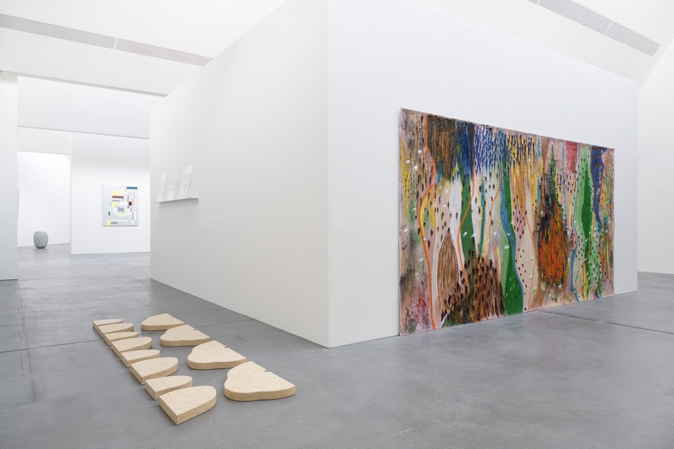 Installation view with Landon Metz (left front), *Untitled*, 2018
and Mike Meiré (front right), *Arcadian Fields, Burning*, 2022