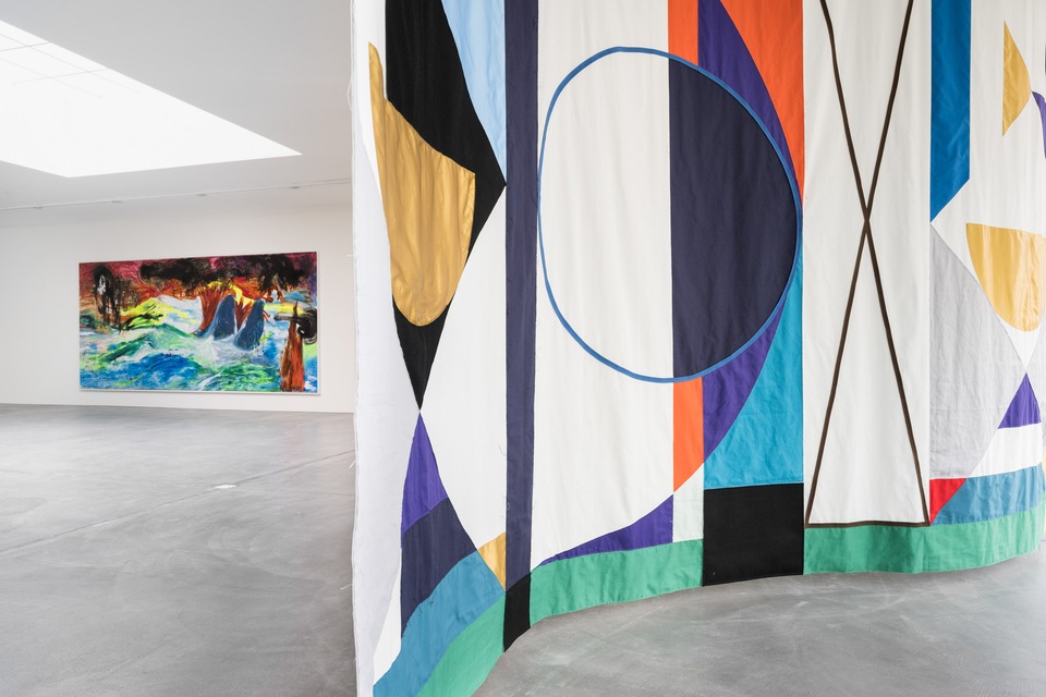 Installation view with Ursula Reuter Christiansen (left), *Furious Waves*, 2020
and Claudia Wieser, *Untitled*, 2023