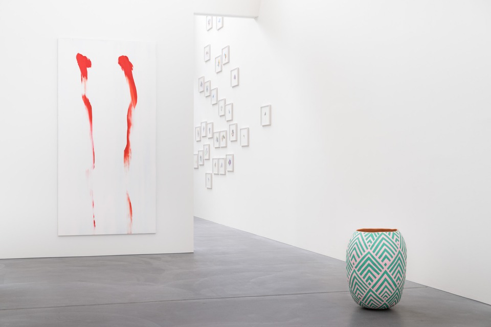 Exhibition view with works by
A K Dolven, Sara Haq, and
Athene Galiciadis