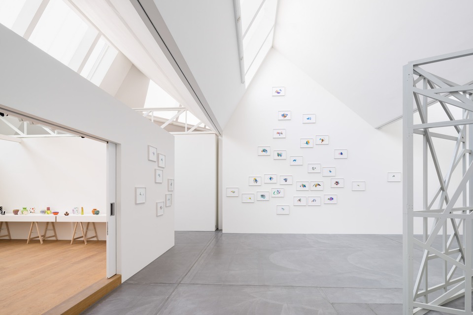 Exhibition view with works by\
Karim Noureldin, Sara Haq,
and Andrew Bick