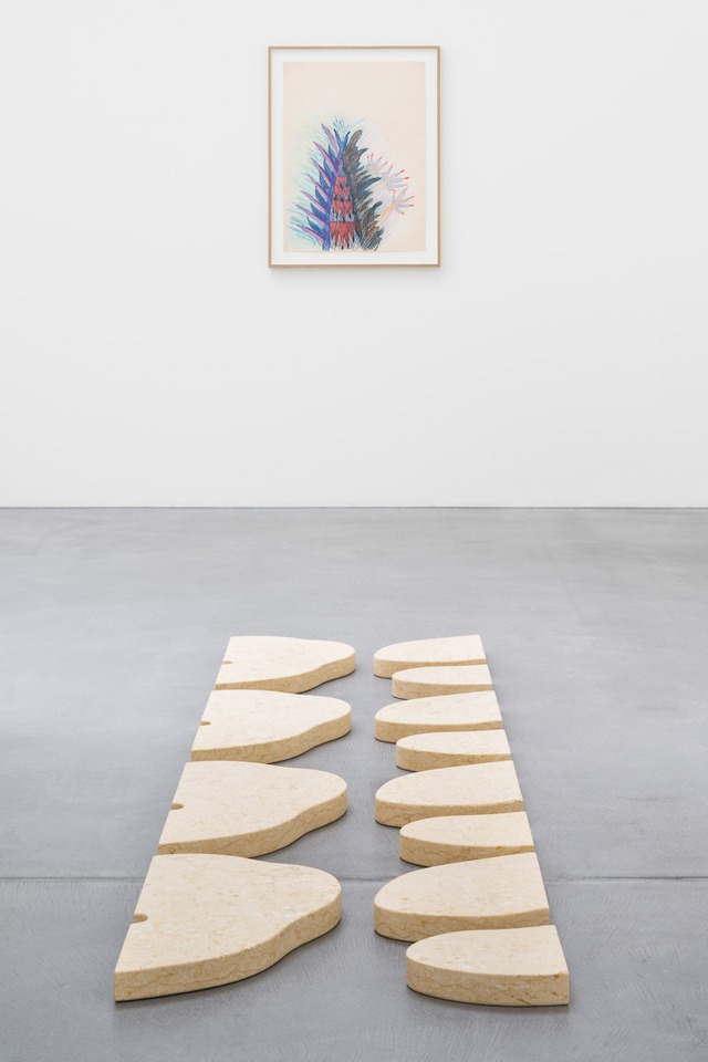 Installation view with
Marianne Eigenheer (wall), *Untitled* and
Landon Metz (floor), *Untitled*, 2018