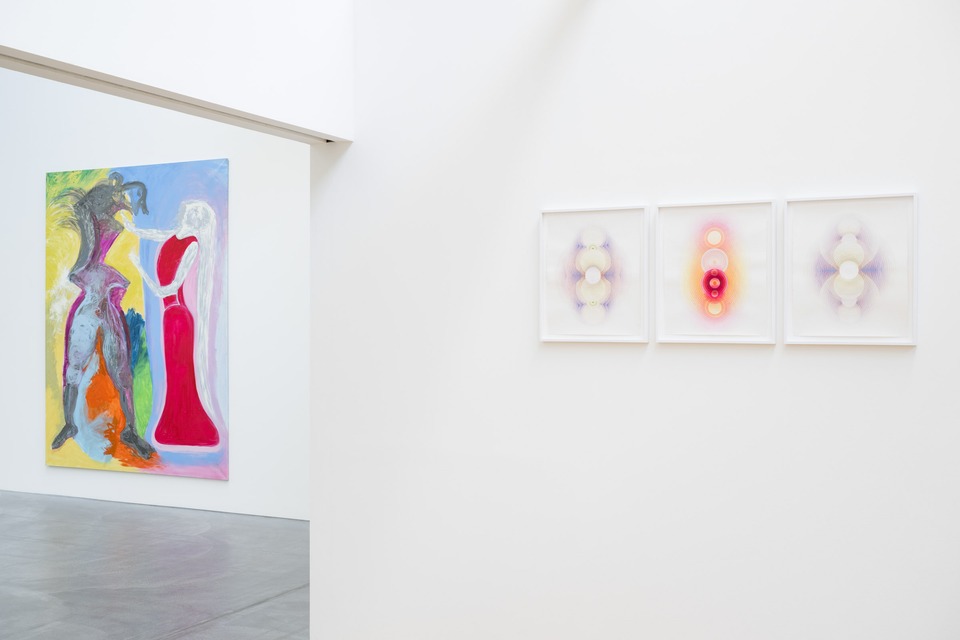 Exhibition view with Ursula Reuter Christiansen (left), *Feministic Attack*, 2001
and Tanya Goel, *Joba Flowers – Violet and Orange, *2023