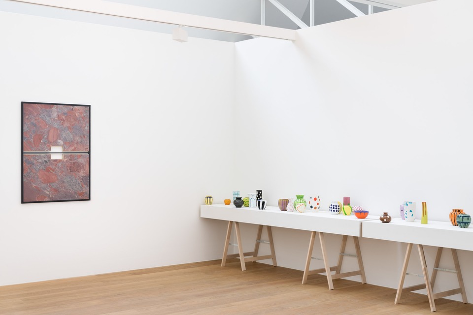 Installation view with Elena Damiani (left), *Filters II N.5*, 2022
and Karim Noureldin, works from the series *Naq*, 2023