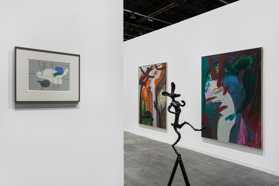 Installation view of artgenève 2024\
with works by (f.l.t.r.)  Sophie Taeuber Arp, Barry Flanagan, and Ursula Reuter Christiansen