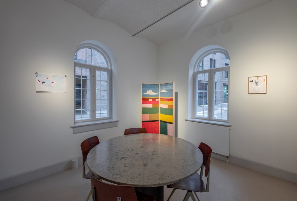 Exhibition view with works by (f.l.t.r.) Cecilia Germain, Emilia Bergmark, and Barbara Stauffacher Solomon