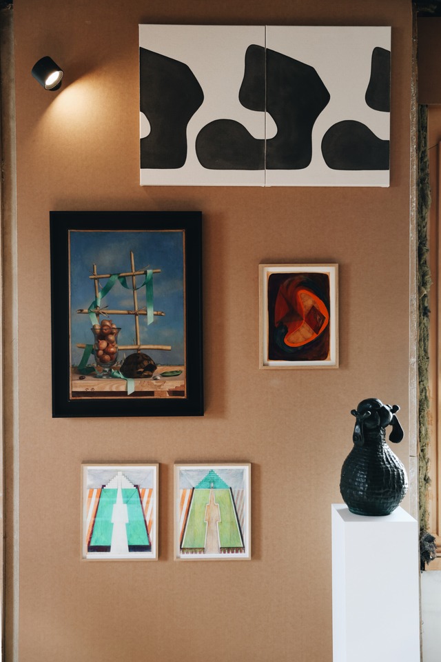 Installation view of NOMAD 2024\
with works by (f.l.t.r.) Pierre Roy, Barbara Stauffacher Solomon, Landon Metz, Athene Galiciadis and Barry Flanagan