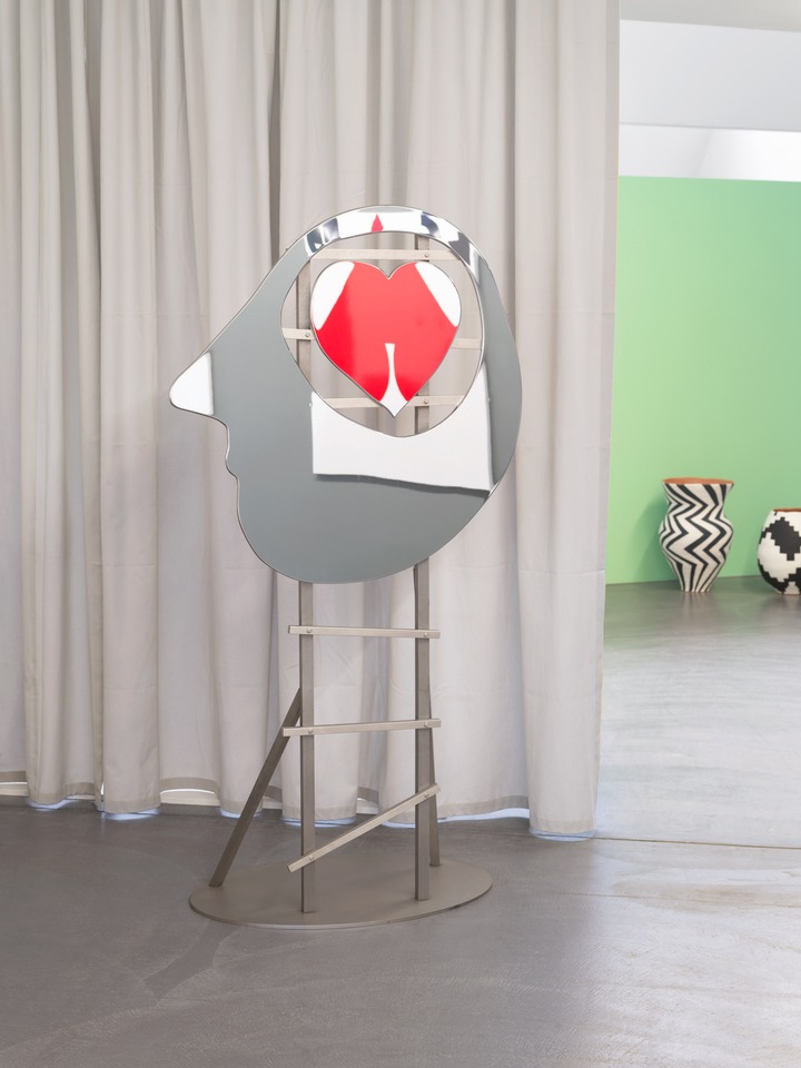 Exhibition view with works by [Olaf Breuning](/artists/olaf-breuning/) (left &#8211; reflecting Barbara Stauffacher Solomon), and Athene Galiciadis (right)