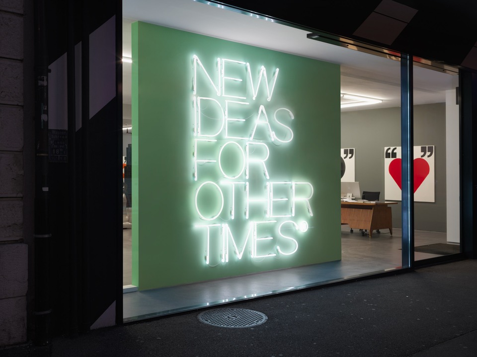 Outside the gallery, Maurizio Nannucci&#8217;s &#8220;New Ideas for Other Times&#8221; draws the visitors inside