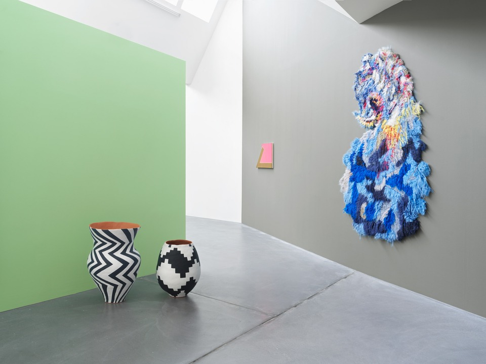 Exhibition view with works by (f.l.t.r.) [Athene Galiciadis](/artists/athene-galiciadis/), Ted Stamm, and Caroline Achaintre