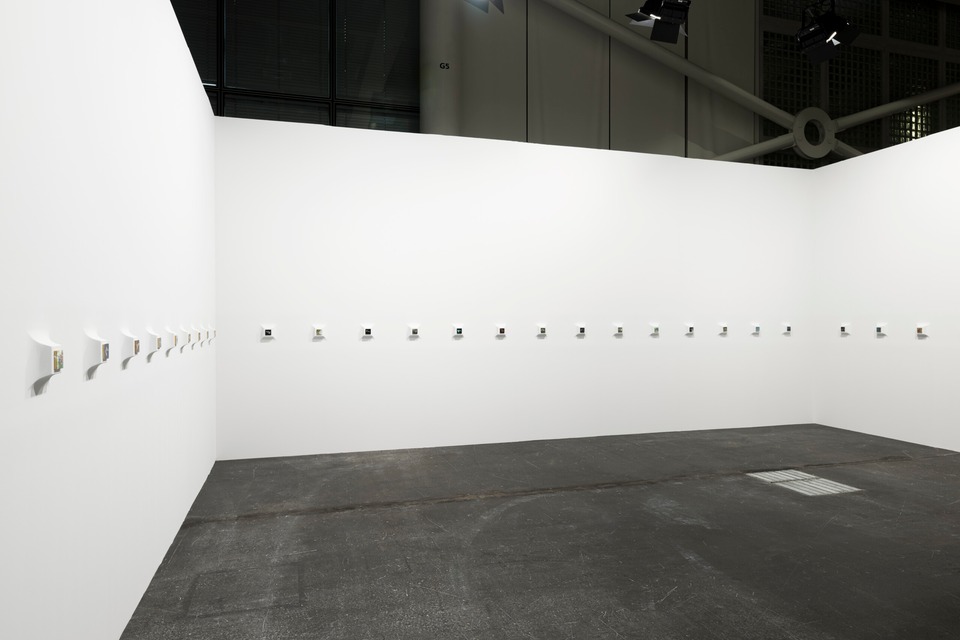 Installation view:\
Francisco Sierra,\
*Guppy*, 2024\
48 panels, oil on wood,\
Each: 6.5 × 6.5 cm.\
Photo: Andreas Zimmermann / von Bartha