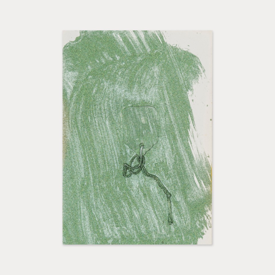 *UT (Green Tag)*, 1979
Lacquer and hangtag on paper
5.5 x 4 in.\
14 x 10.2 cm