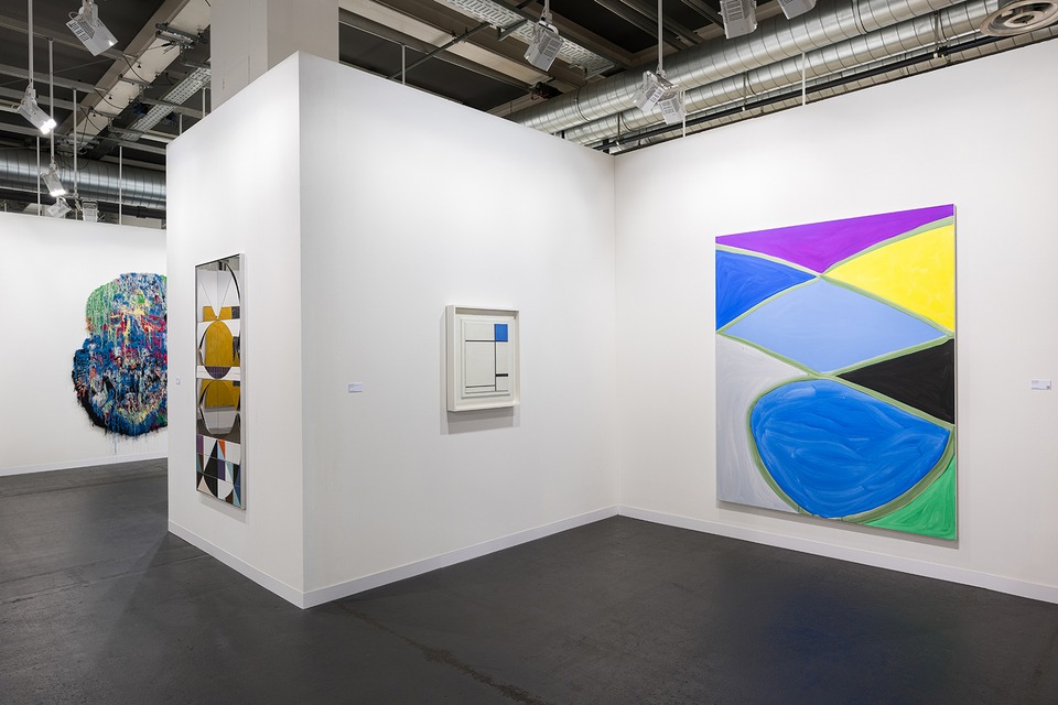 Installation view of Art Basel 2024\
with works by (f.l.t.r.) Caroline Achaintre, Claudia Wieser, Marlow Moss and Marina Adams