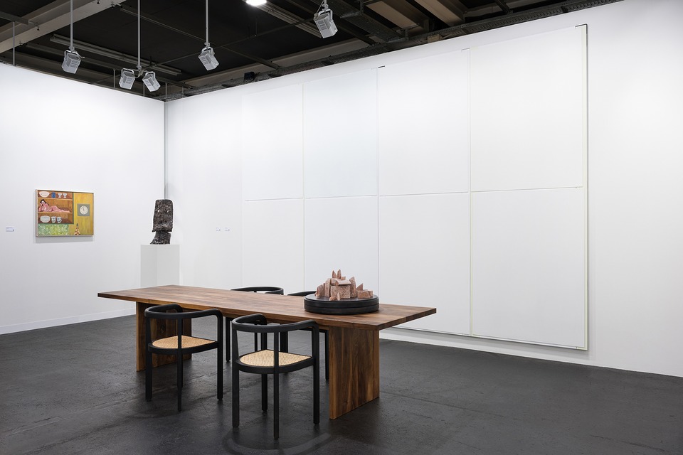 Installation view of Art Basel 2024\
with works by (f.l.t.r.) Ursula Reuter Christiansen, Caroline Achaintre, Imi Knoebel and Superflex