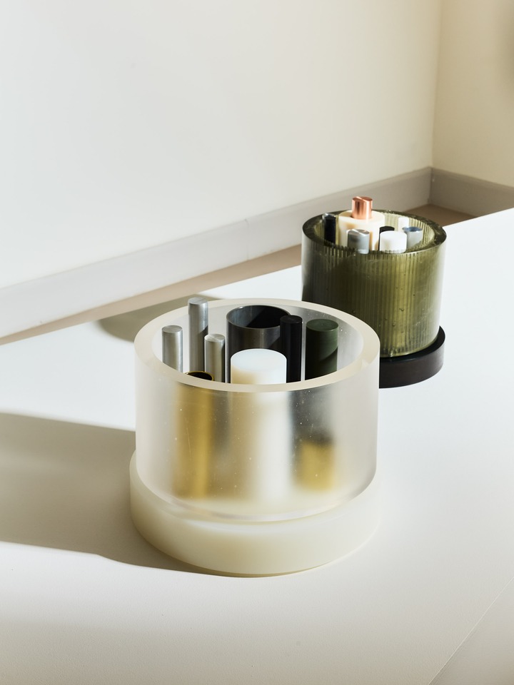 left: *Brass Tubes*, 2024\
right: *Corrugated Glass with Copper Rod*, 2024