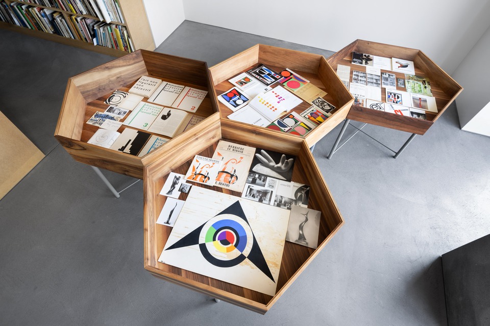 Installation view of the vitrines holding the treasures from our archives
