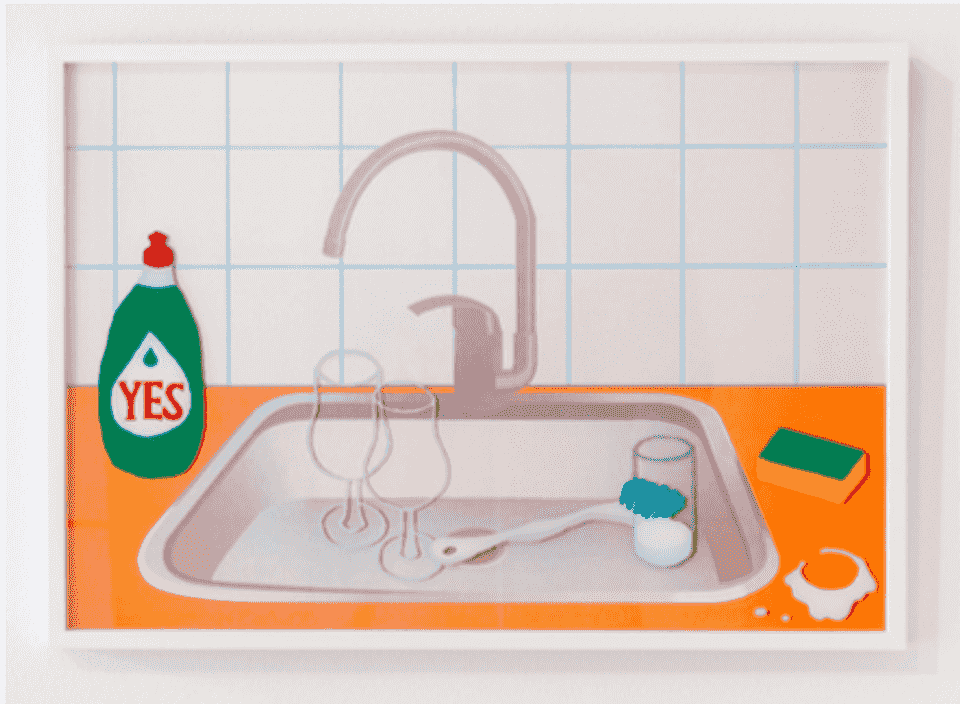 **Emilia Bergmark**
*Kitchen Sink Realism (Spilled Milk)*, 2021
Reverse glass painting and riso print in frame
40.5 x 57.5 cm (incl. the frame)