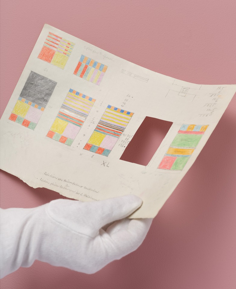 Eight sketches from 1963 with pencil and colored chalk on squared paper