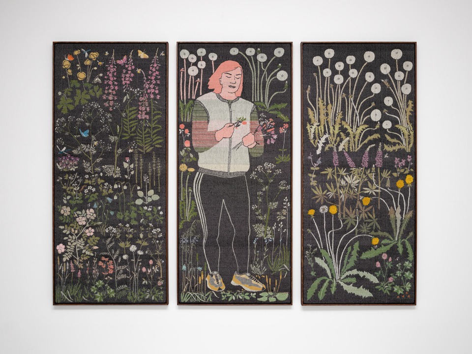 Emilia Bergmark

Norrland's Flora in Color, 2023

Tapestry triptych woven on a TC 2 loom from plant dyed wool and silk

170 x 210 total

Each framed panel 170 x 74 cm
