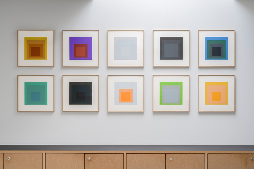 Installation view “Exploring the Archive on Interacting Colors,” 2025 with Josef Albers “Hommage to the Square Soft - Edge - Hard - Edge” from 1965
