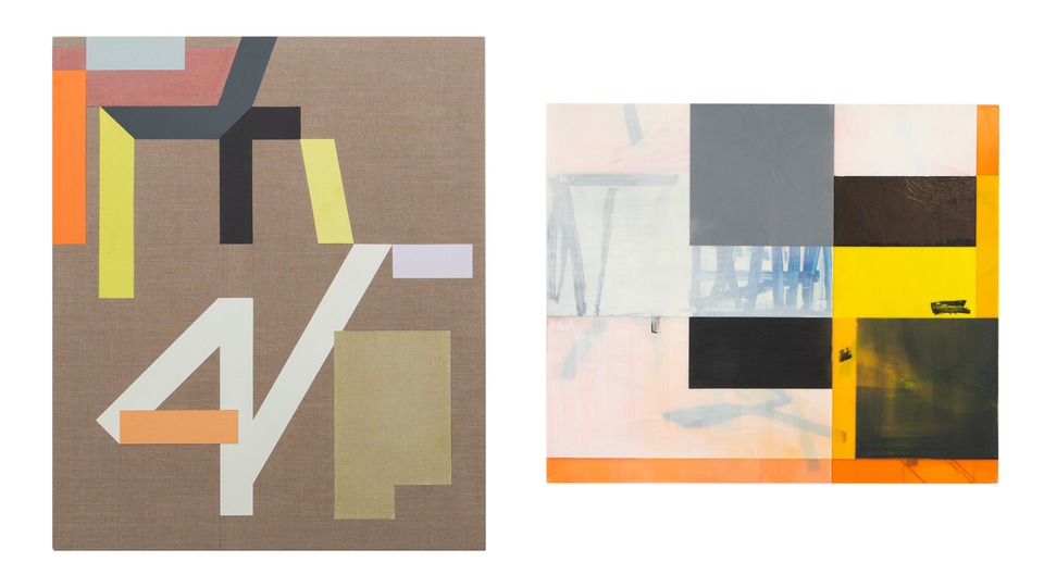 Left: Andrew Bick

“Variant t-s (compendium detail) #3,” 2017–18

Acrylic, pencil, oil paint, watercolour and wax medium, on linen on wood

76 x 64 x 3.5 cm

Right: Andrew Bick

“Recovery Variant (D) \*,” 2001

Marker pen and wax on wood

54.5 x 64 cm
