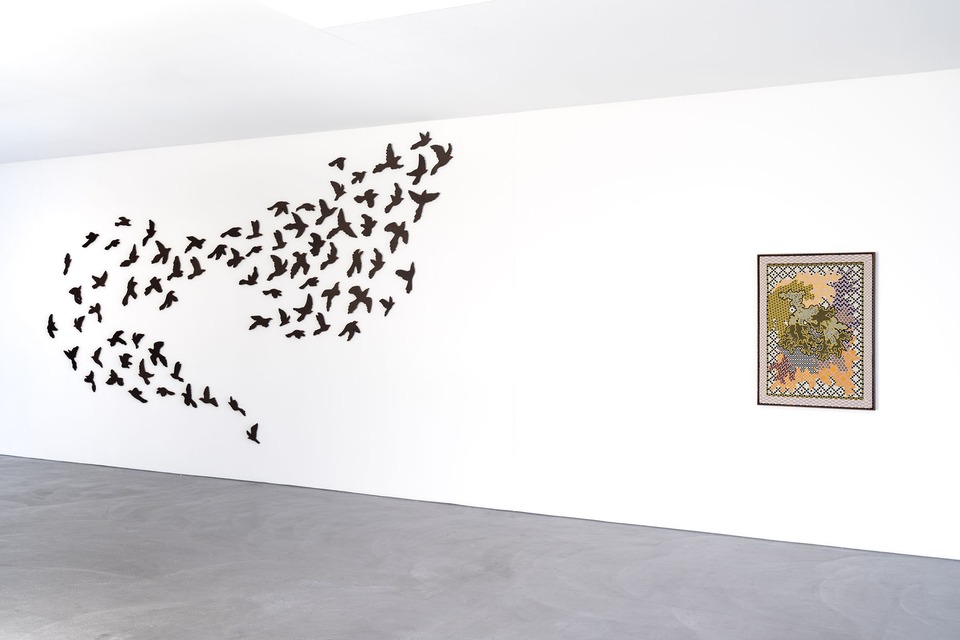 Emilia Bergmark, view on “EX (Passenger Pigeon)” and “NT (Lunglav),” both 2025. Photo: Finn Curry
